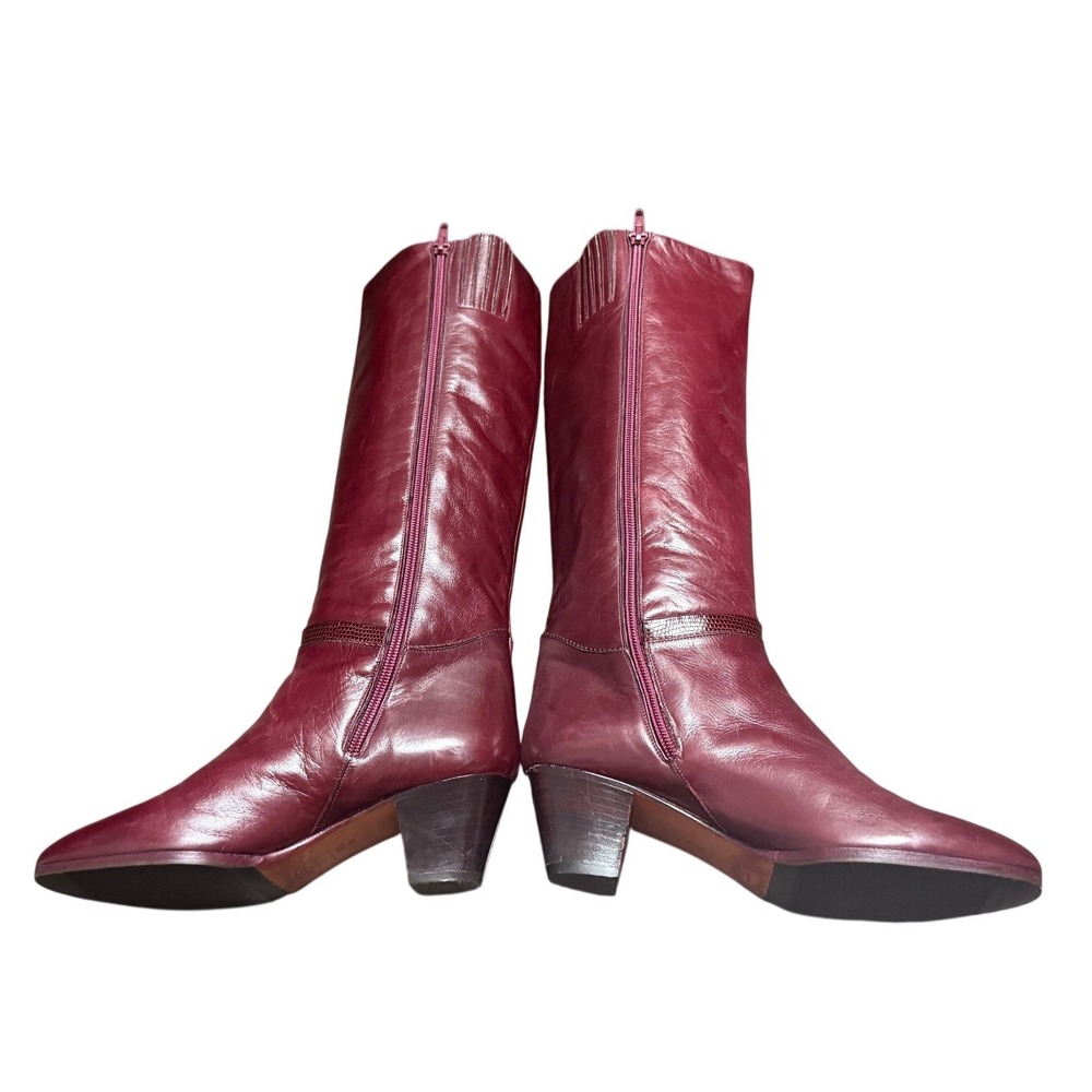 Bally Leather Tall Boots Burgundy Block Heel Italy Sz 6.5 M Vintage Retro Kitten - Picture 5 of 7